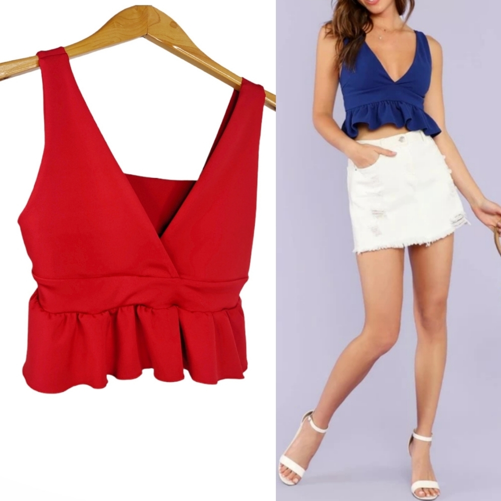 SHEIN Red Deep V Peplum Crop Top Sz S